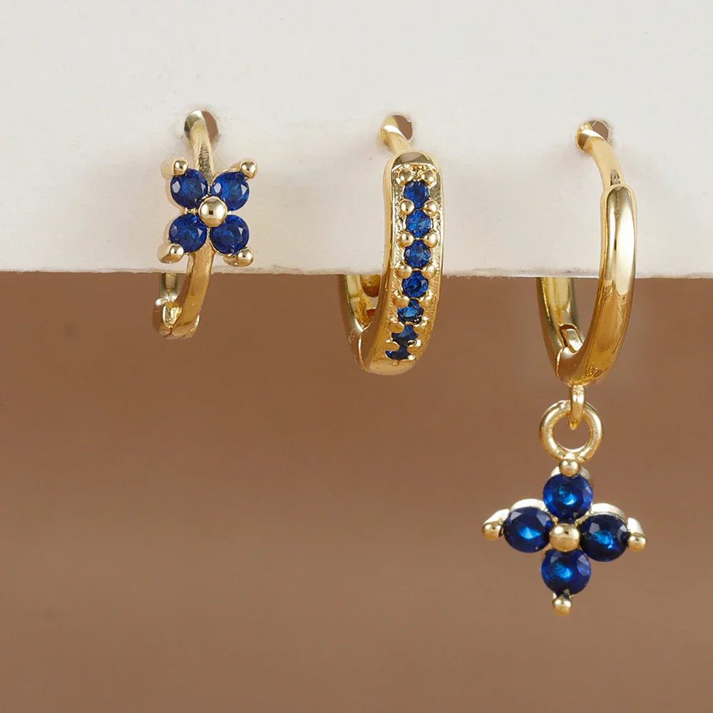 3PCS Trendy Stainless Steel Flower Drop Earring Set for Women Crystal Zirconia