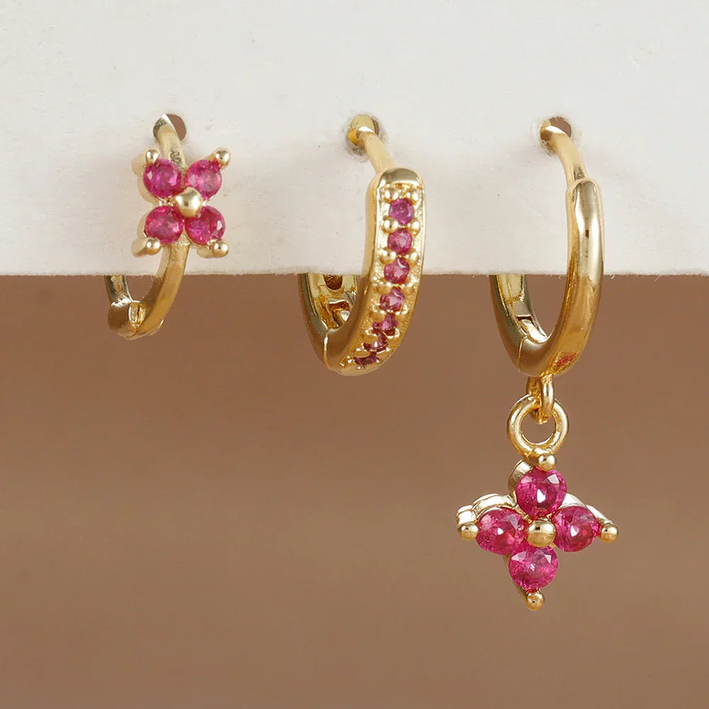 3PCS Trendy Stainless Steel Flower Drop Earring Set for Women Crystal Zirconia