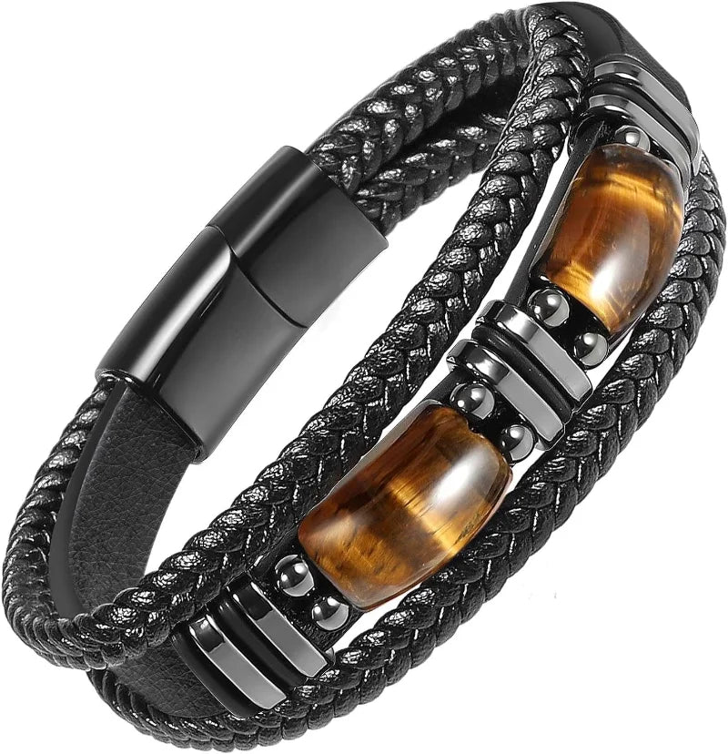 Tigerauge Schwarzes Lederarmband Herren Natürlicher Edelstein Kristall Stein Schmuck