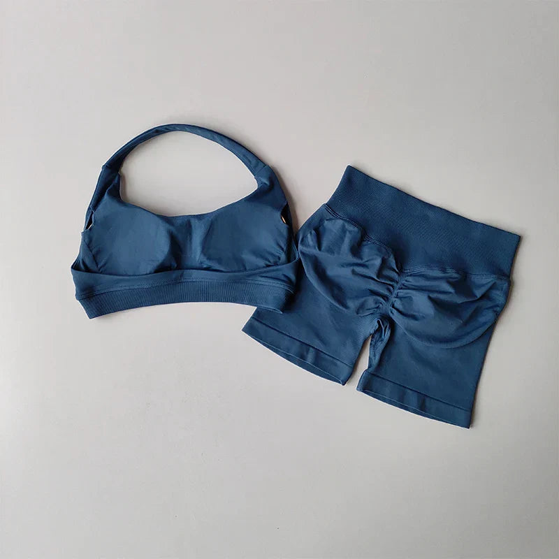 Sexy Halter Neck Beautiful Back High Waist Peach Sports Bras Shorts Suit Pilates