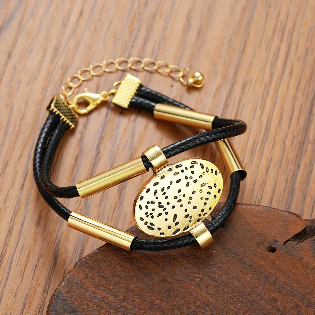 Vintage Oval Metall-Kunstleder-Halskette Armband für Damen Mode Gold Silber