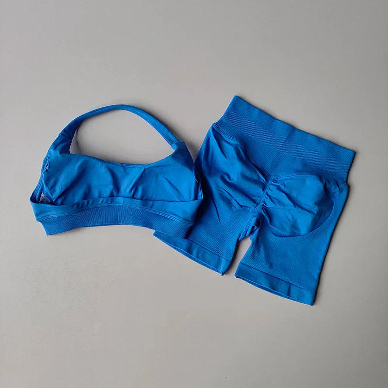 Sexy Halter Neck Beautiful Back High Waist Peach Sports Bras Shorts Suit Pilates