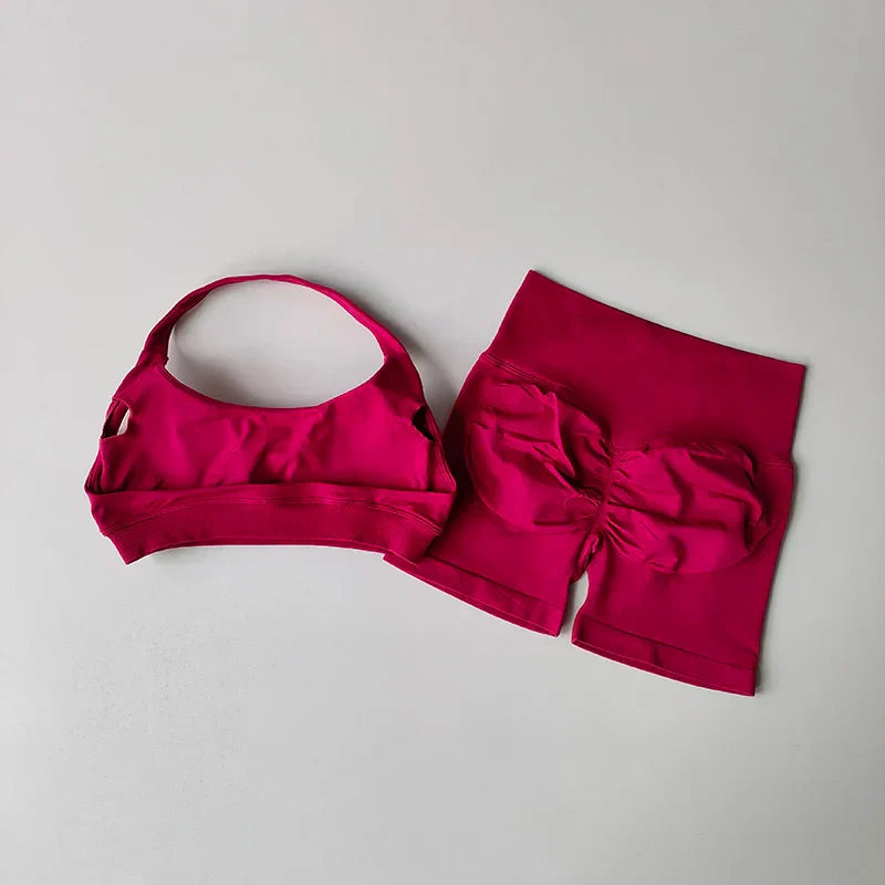 Sexy Halter Neck Beautiful Back High Waist Peach Sports Bras Shorts Suit Pilates