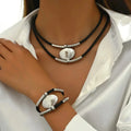Vintage Oval Metall-Kunstleder-Halskette Armband für Damen Mode Gold Silber