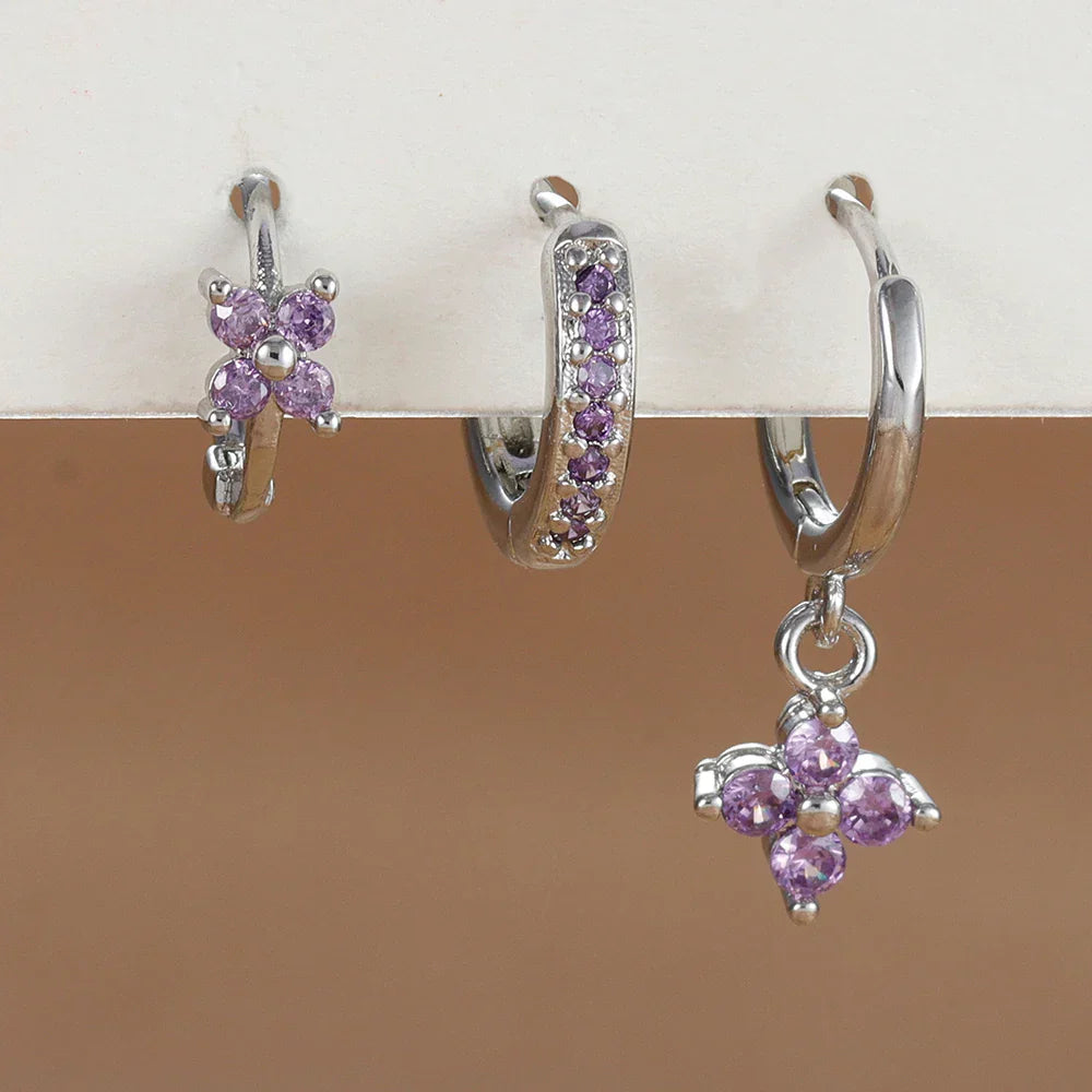 3PCS Trendy Stainless Steel Flower Drop Earring Set for Women Crystal Zirconia