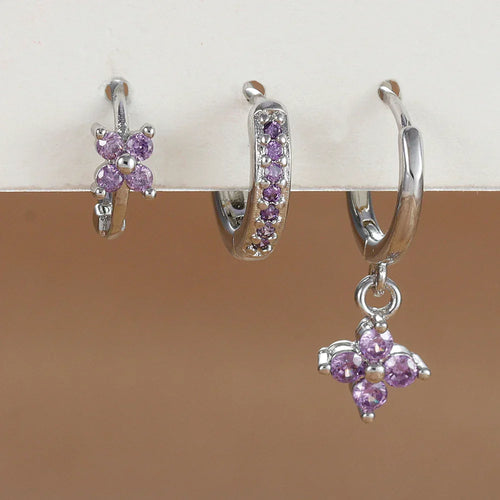 3PCS Trendy Stainless Steel Flower Drop Earring Set for Women Crystal Zirconia