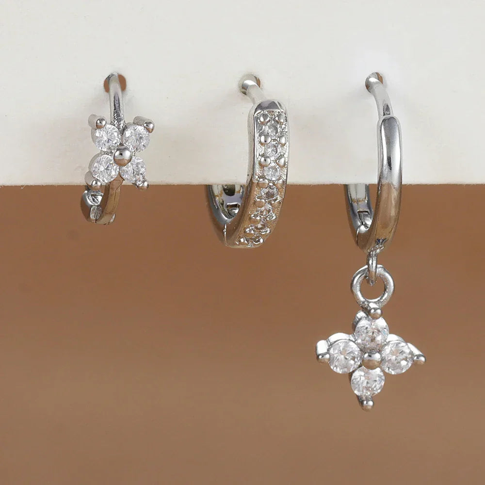 3PCS Trendy Stainless Steel Flower Drop Earring Set for Women Crystal Zirconia