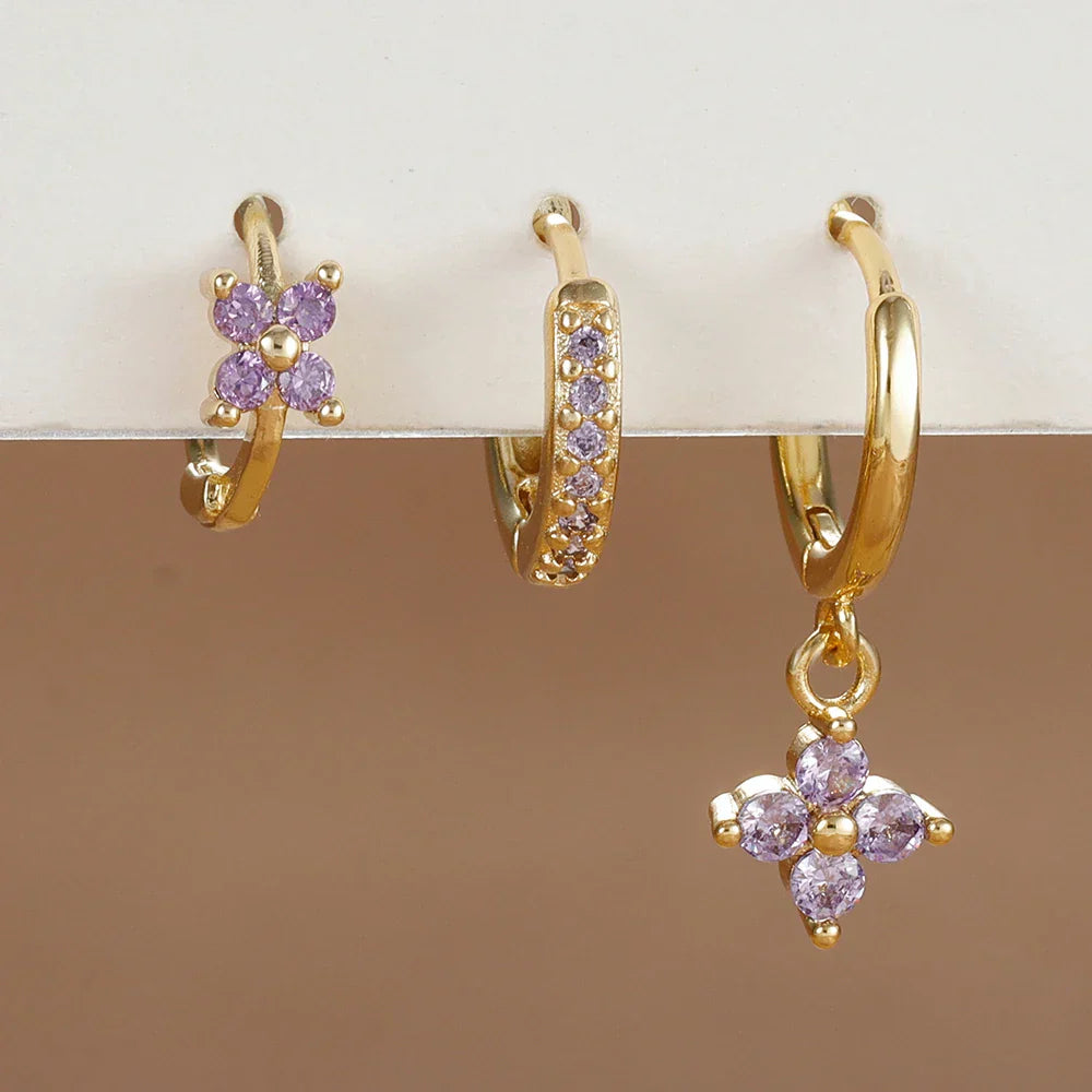 3PCS Trendy Stainless Steel Flower Drop Earring Set for Women Crystal Zirconia