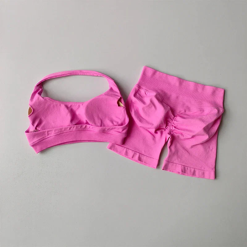 Sexy Halter Neck Beautiful Back High Waist Peach Sports Bras Shorts Suit Pilates