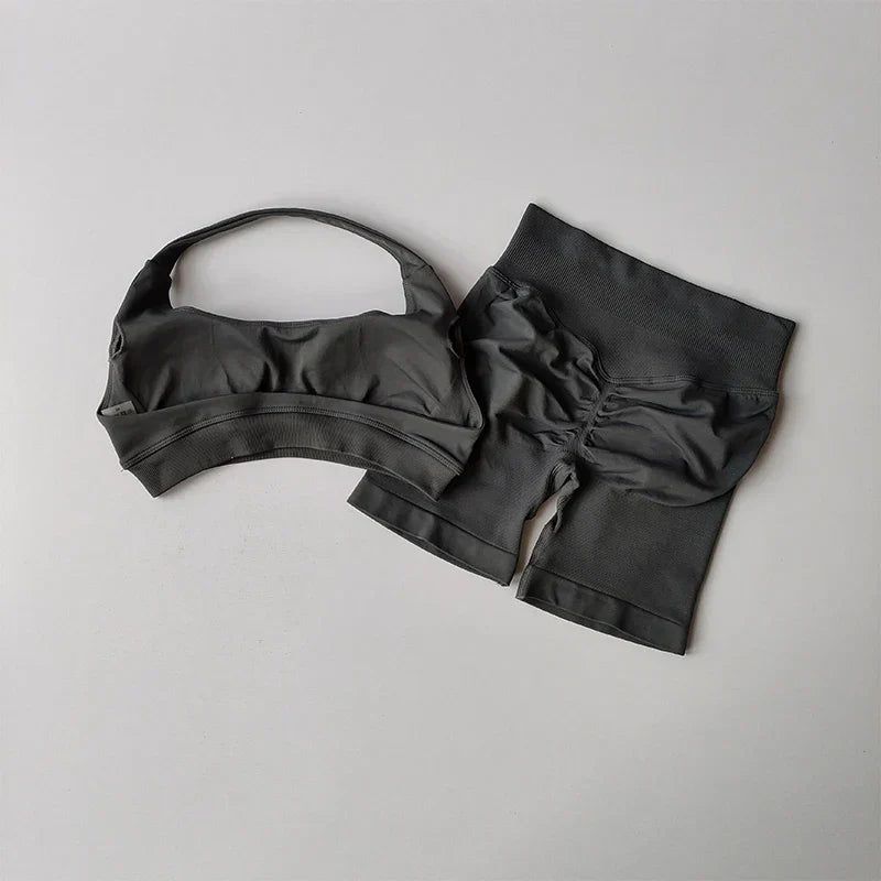 Sexy Halter Neck Beautiful Back High Waist Peach Sports Bras Shorts Suit Pilates
