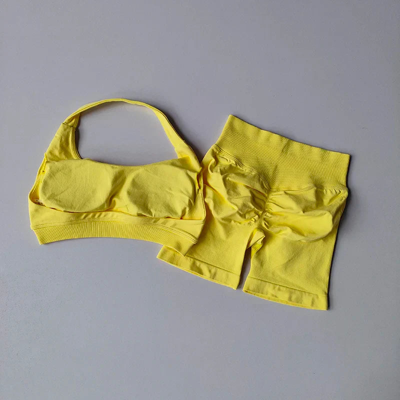 Sexy Halter Neck Beautiful Back High Waist Peach Sports Bras Shorts Suit Pilates