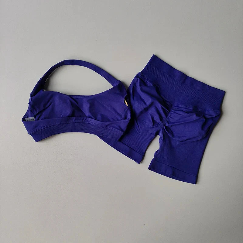 Sexy Halter Neck Beautiful Back High Waist Peach Sports Bras Shorts Suit Pilates