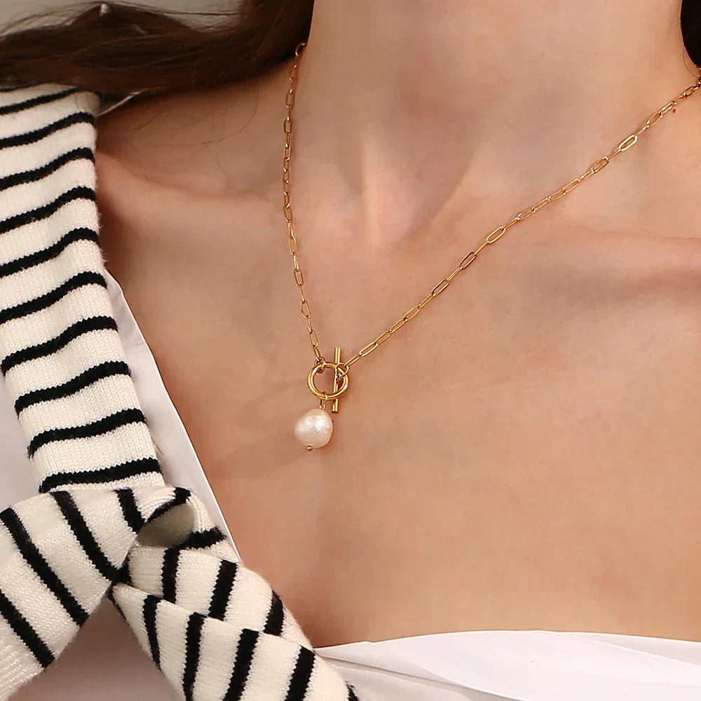 La. Muses Baroque Freshwater Pearl Pendant Stainless Steel Women's Necklace 18K