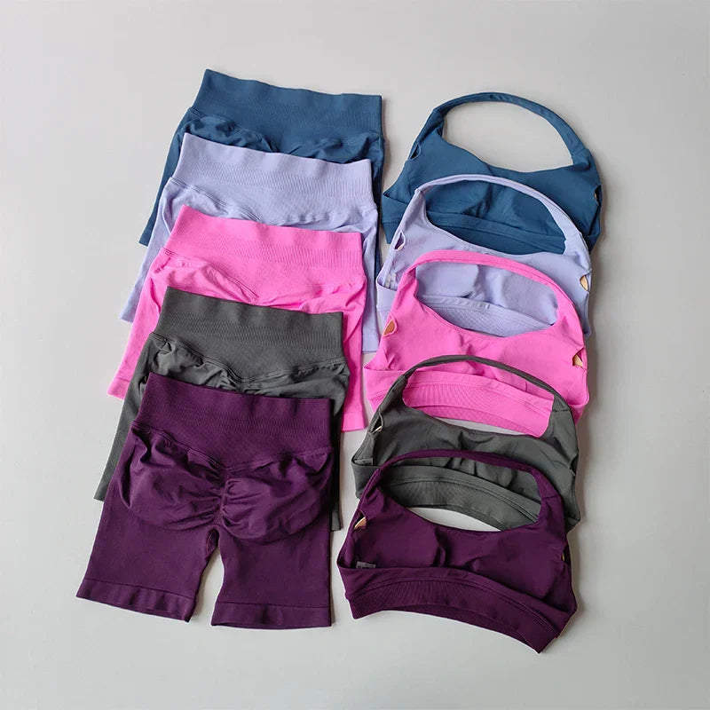 Sexy Halter Neck Beautiful Back High Waist Peach Sports Bras Shorts Suit Pilates