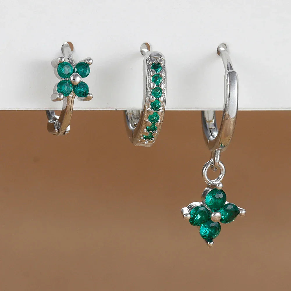 3PCS Trendy Stainless Steel Flower Drop Earring Set for Women Crystal Zirconia
