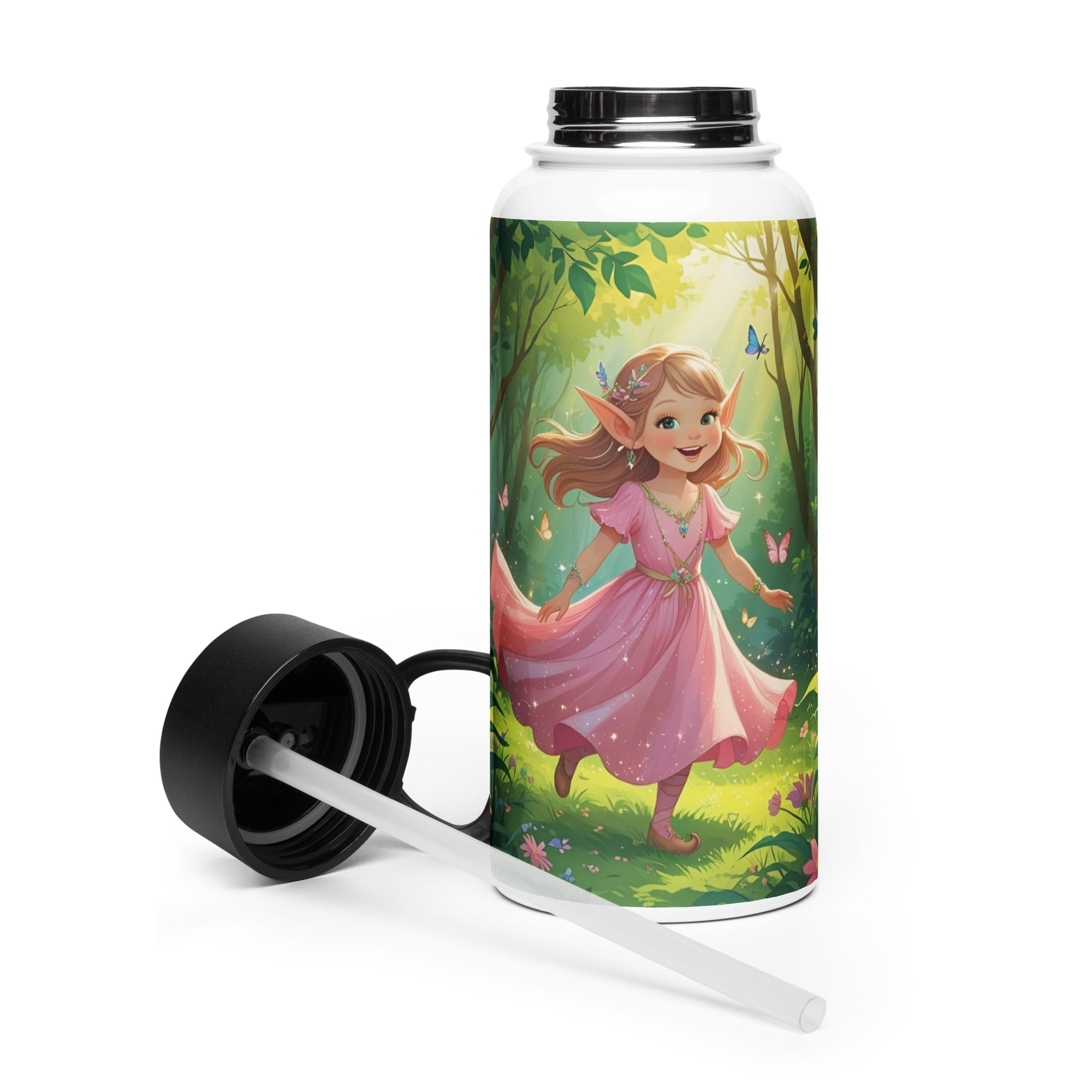 Edelstahl Trinkflasche mit Strohhalm Im Elfenmädchen Designe für Schulkinder